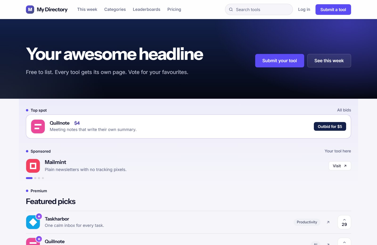 Home page of a directory built with Product Directory