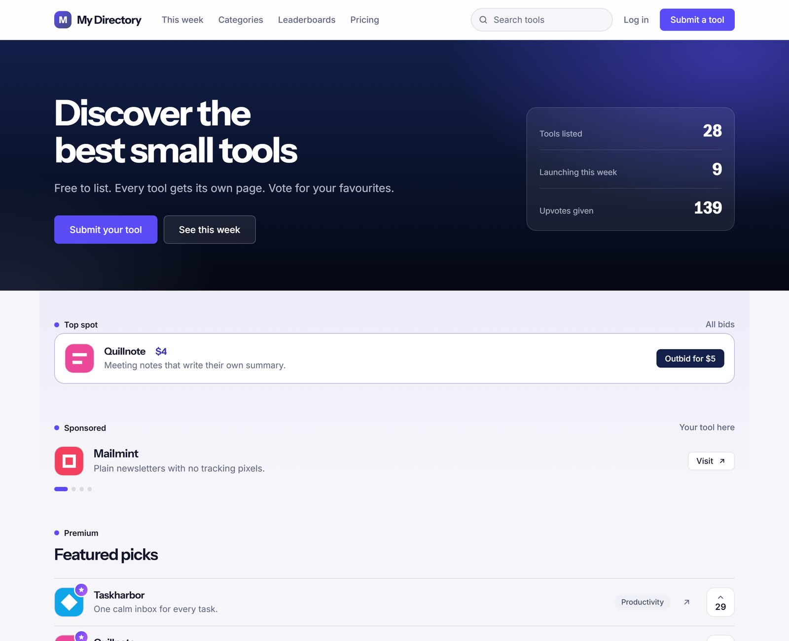 The home page of a directory built with Directory Premium: header, headline, numbers box, top spot and sponsored strip