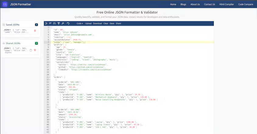 Screenshot of JSON Formatter & Validator