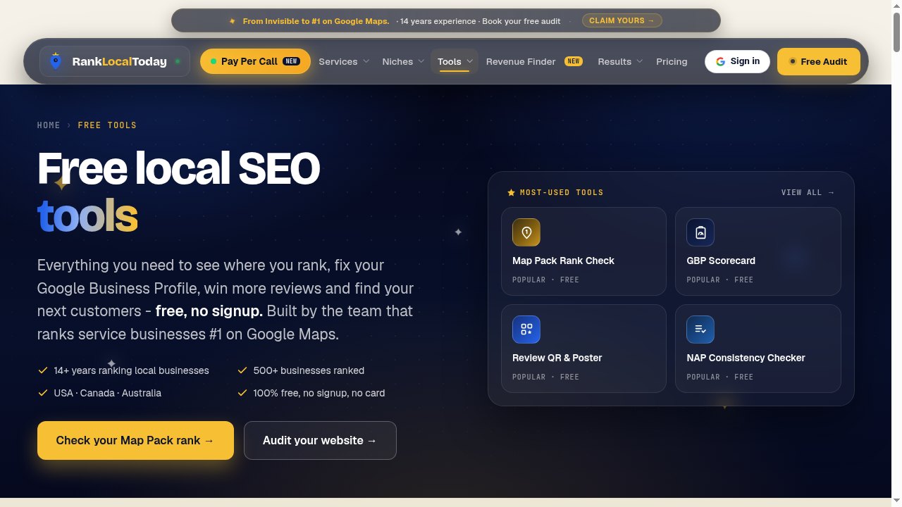 Screenshot of RankLocalToday - Free Local SEO Tools