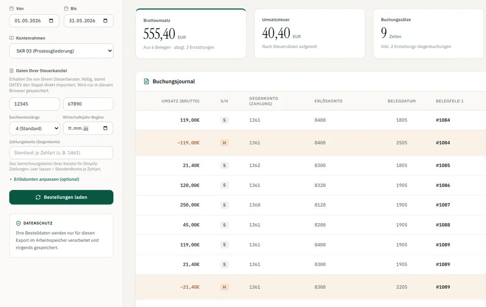 Screenshot of DATEV Export for Shopify
